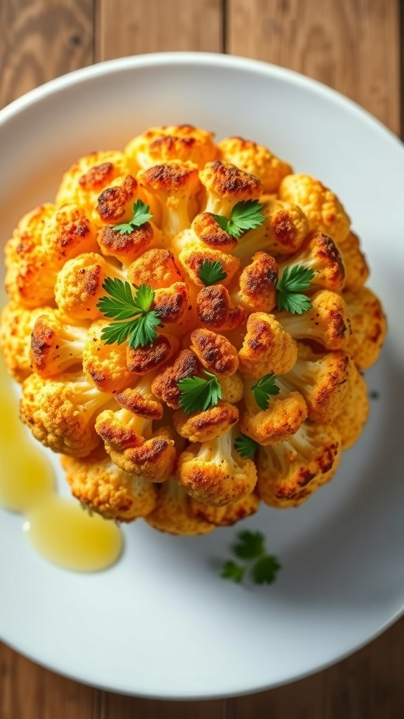 Oven-roasted cauliflower florets garnished with parsley on a white plate.